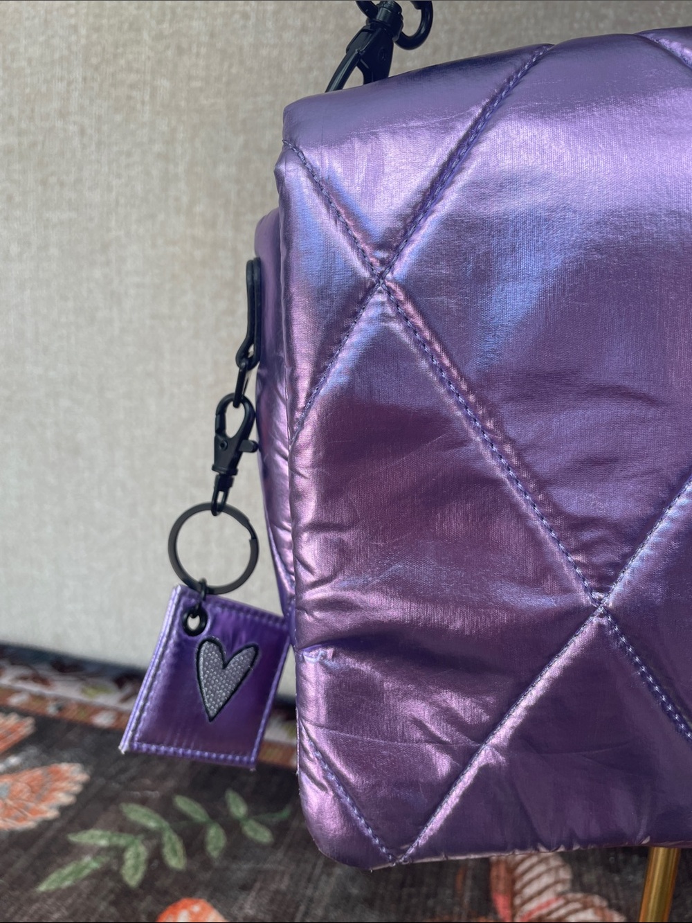 Iridescent Purple Quilted Shoulder Bag with Black Strap IHKWIP - Picture 3 of 16